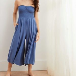 Aerie Smocked Jumpsuit Blue